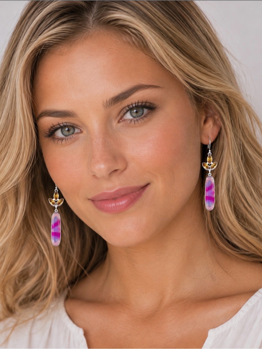 Pink Lace Banded Agate/Citrine Designer Earrings